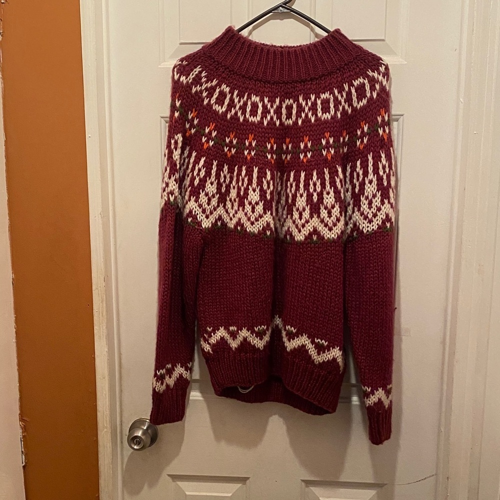 Hand Knit Sweater Burgundy Patterned Turtleneck Sweater